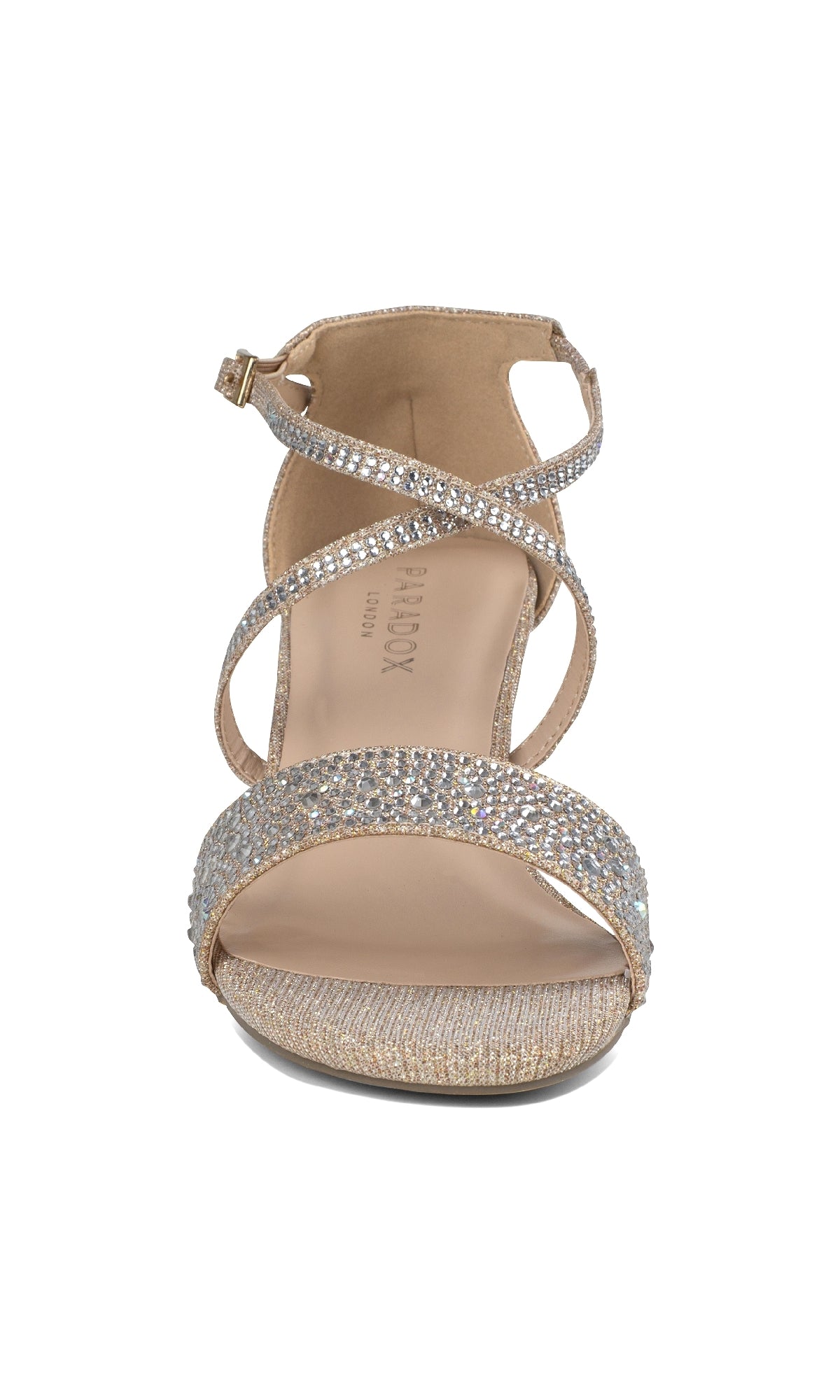 A front view of the Ines Champagne Prom Shoes: Paradox London P2212—a strappy, open-toe sandal with a gold base, glittering rhinestone details, ankle buckle closure, and 2-inch block heels for those wanting shimmering prom style.